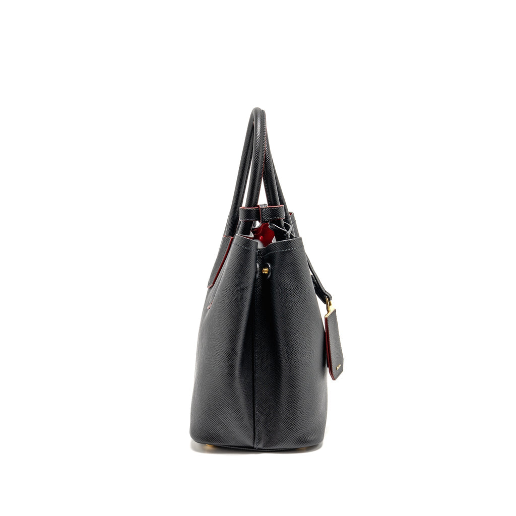 PRADA MEDIUM SAFFIANO CUIR TOTE BAG LEATHER BLACK/FUOCO GHW