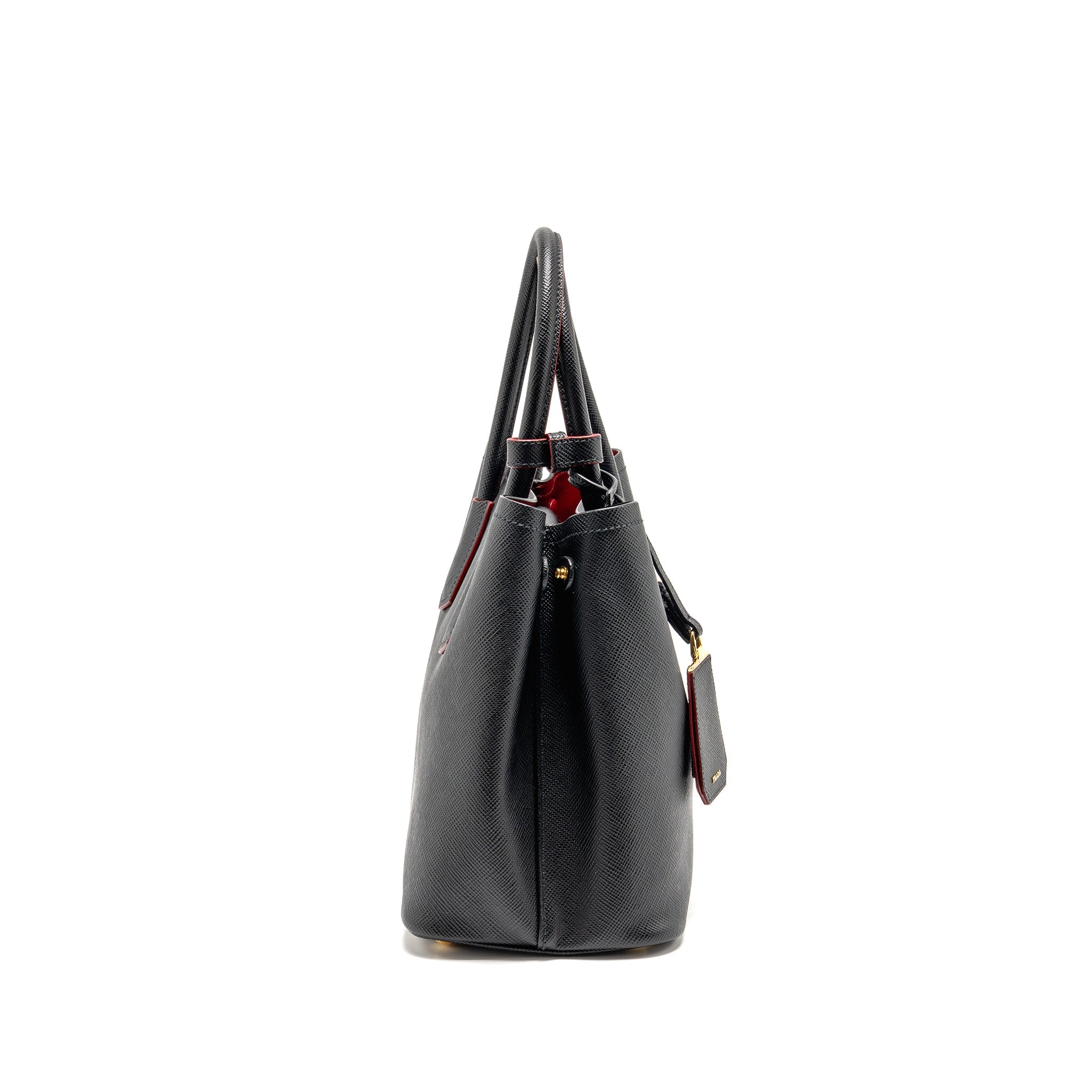 PRADA MEDIUM SAFFIANO CUIR TOTE BAG LEATHER BLACK/FUOCO GHW