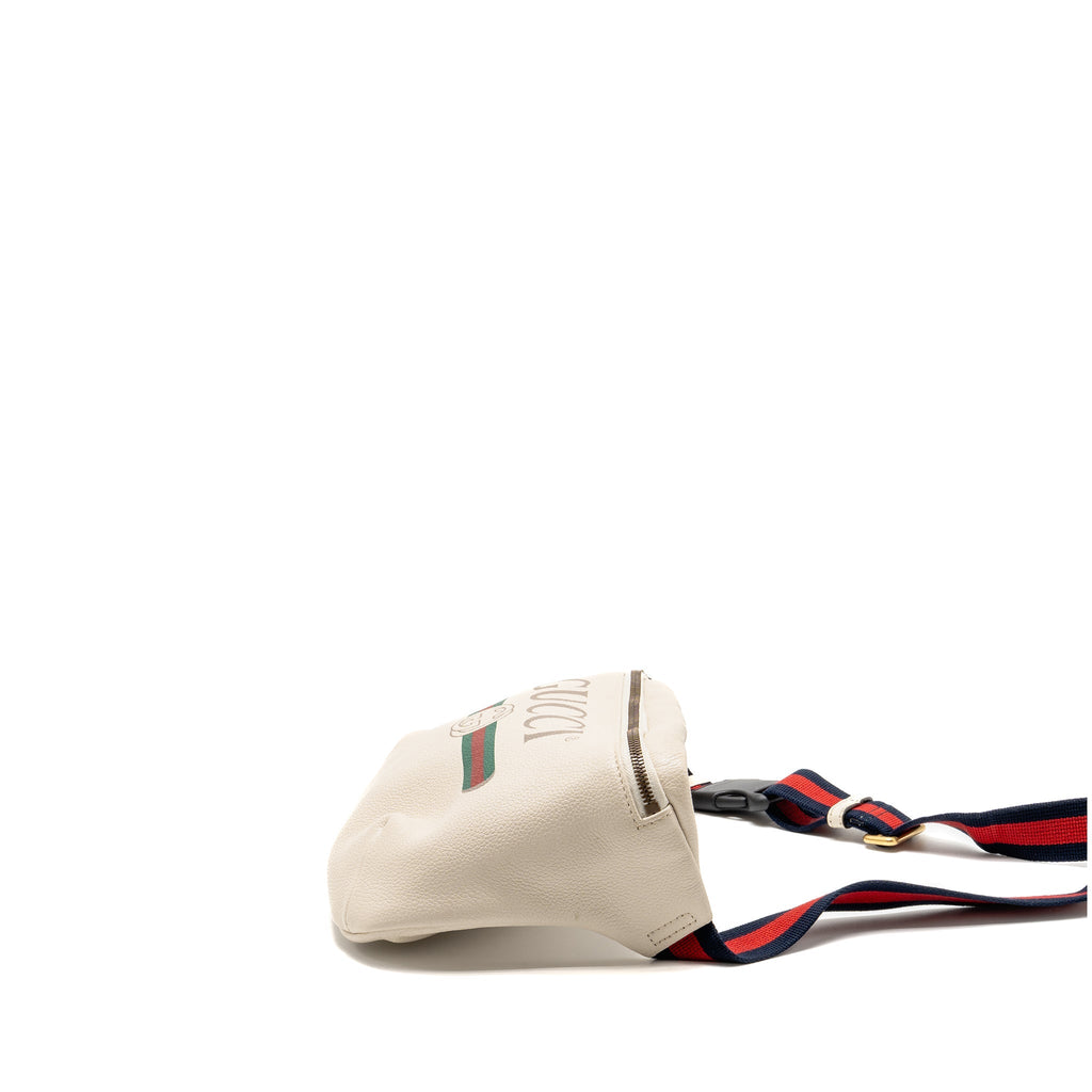 GUCCI LOGO PRINT BELT BAG CALFSKIN WHITE GHW