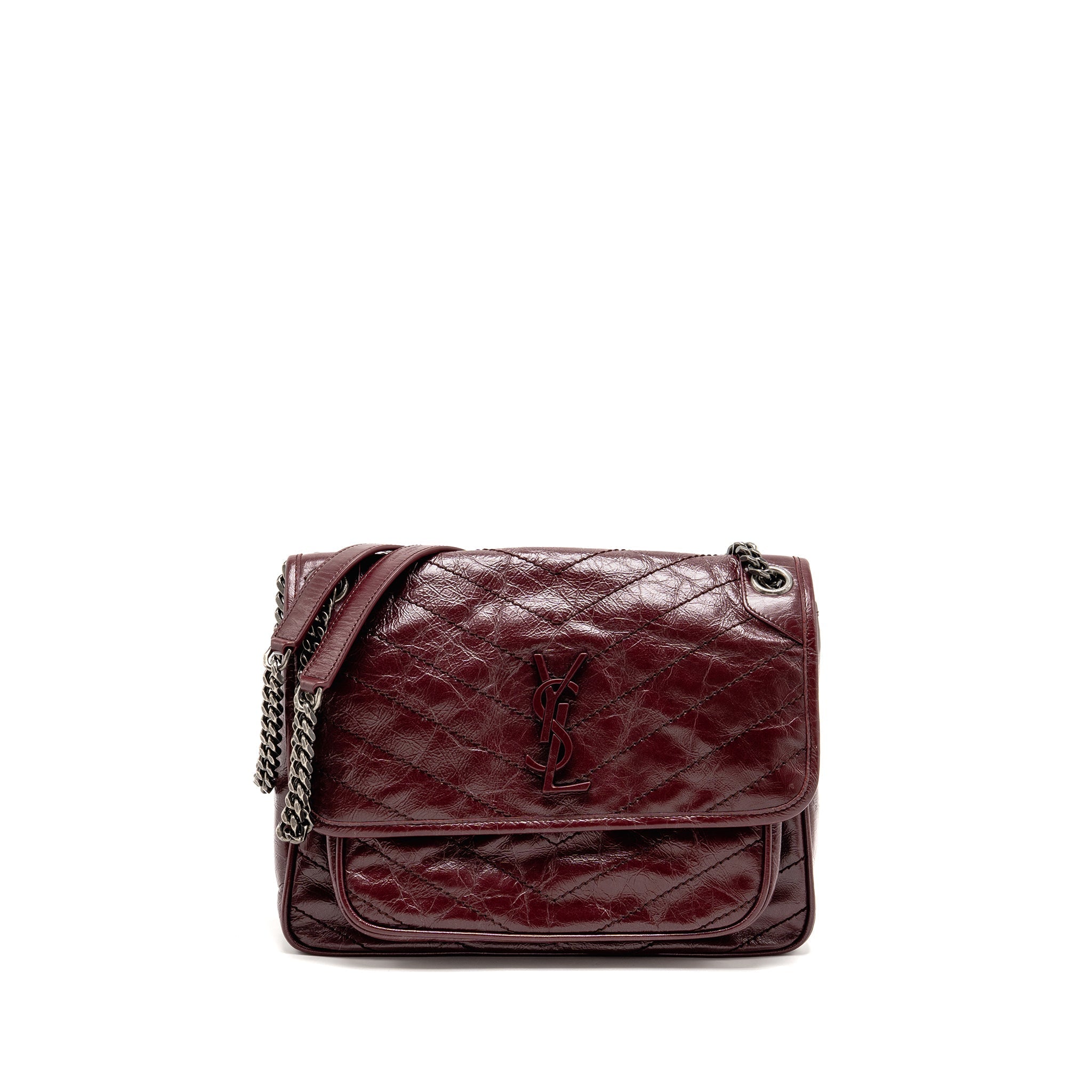 SAINT LAURENT YSL MEDIUM NIKI SHOULDER BAG CALFSKIN BURGUNDY RUTHENIUM SHW