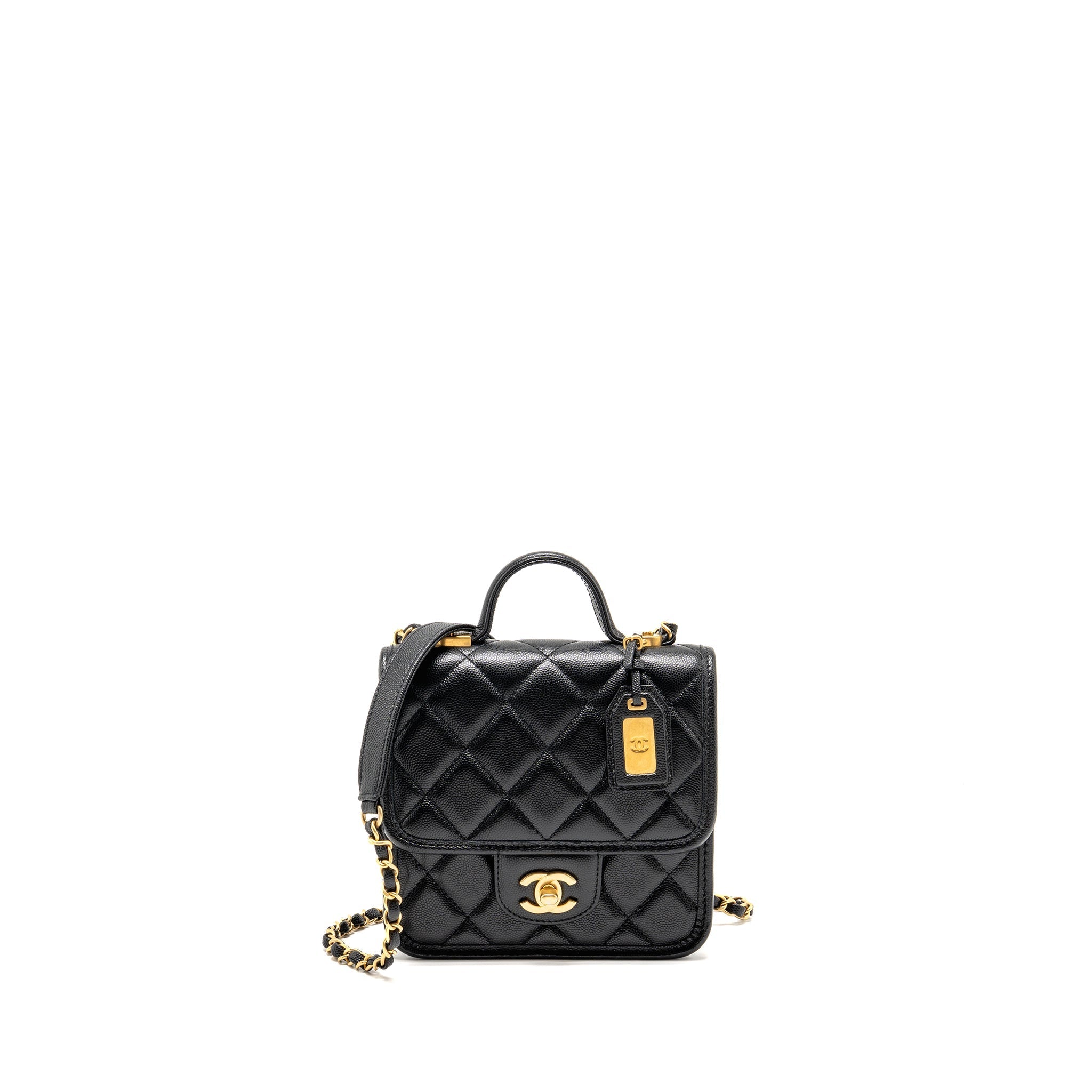 CHANEL 22K MINI FLAP BAG WITH TOP HANDLE CAVIAR BLACK GHW (MICROCHIP)