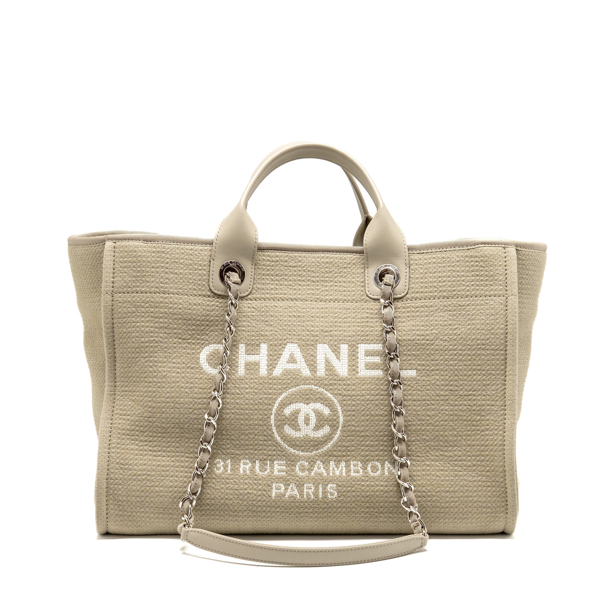 CHANEL DEAUVILLE TOTE BAG FABRIC / LEATHER LIGHT GREY SHW (MICROCHIP)