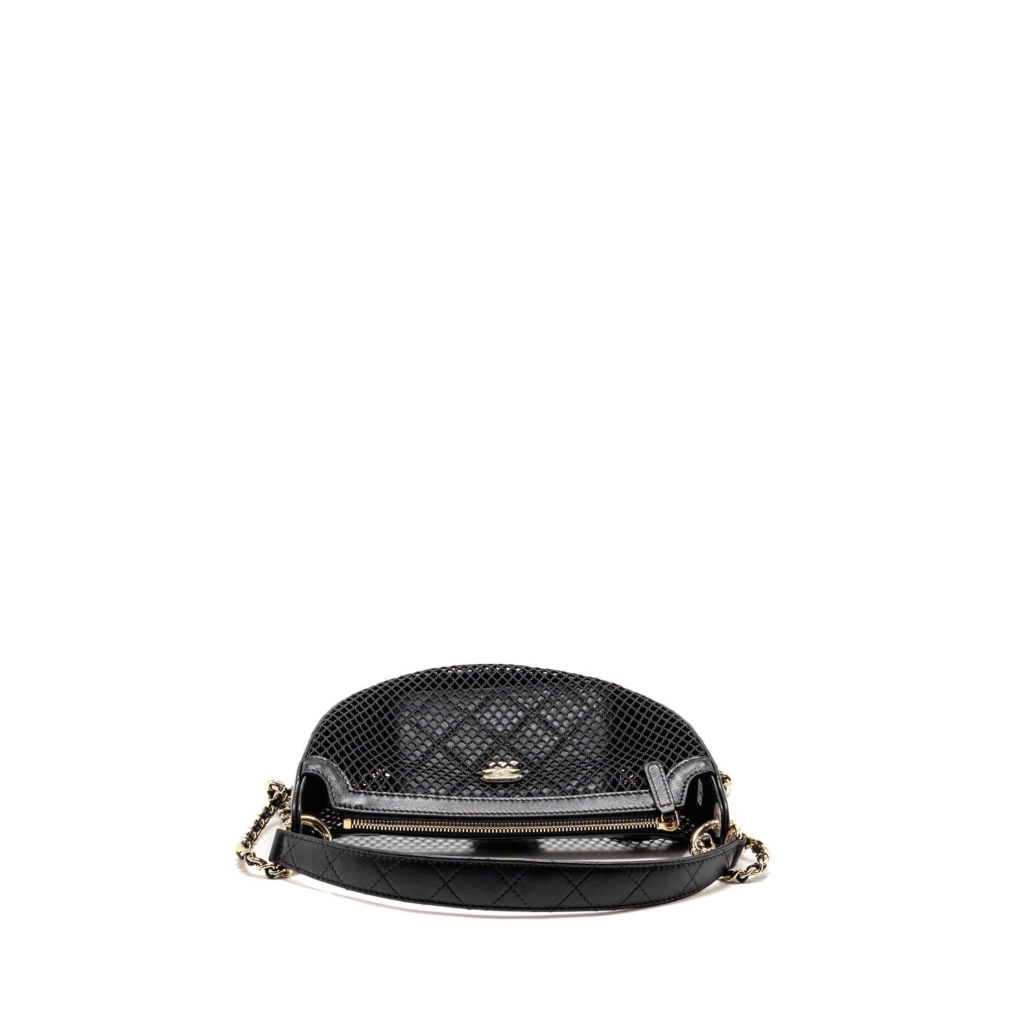 CHANEL 25S HALF MOON CLUTCH WITH CHAIN MESH/LAMBSKIN BLACK LGHW (MICROCHIP)