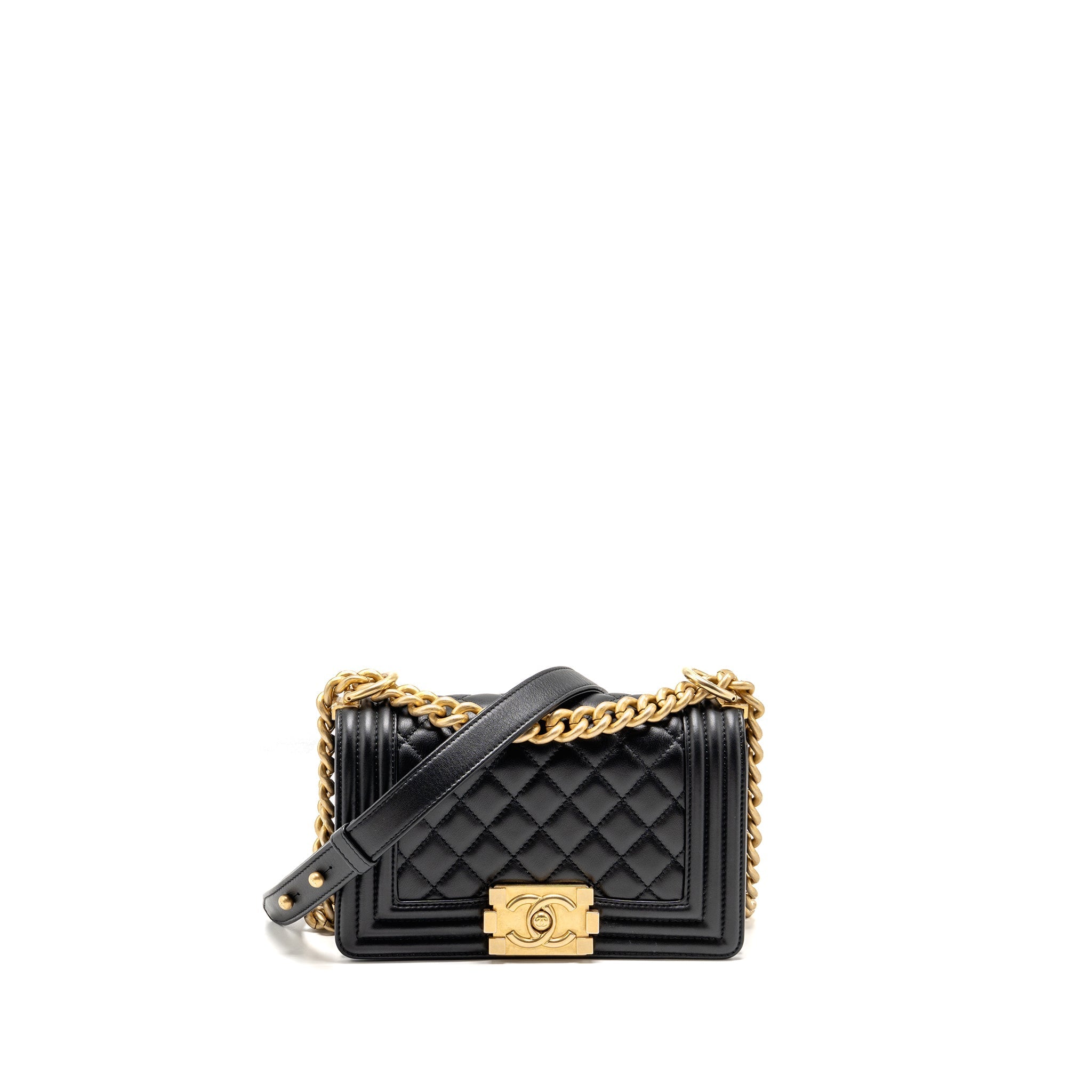 CHANEL SMALL BOY BAG CALFSKIN BLACK GHW (MICROCHIP)