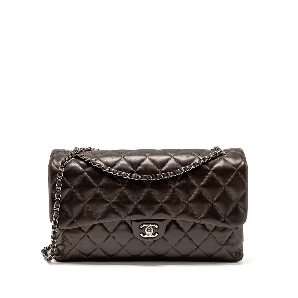CHANEL LARGE QUILTED FLAP BAG WITH CHAIN LAMBSKIN DARK BROWN SHW