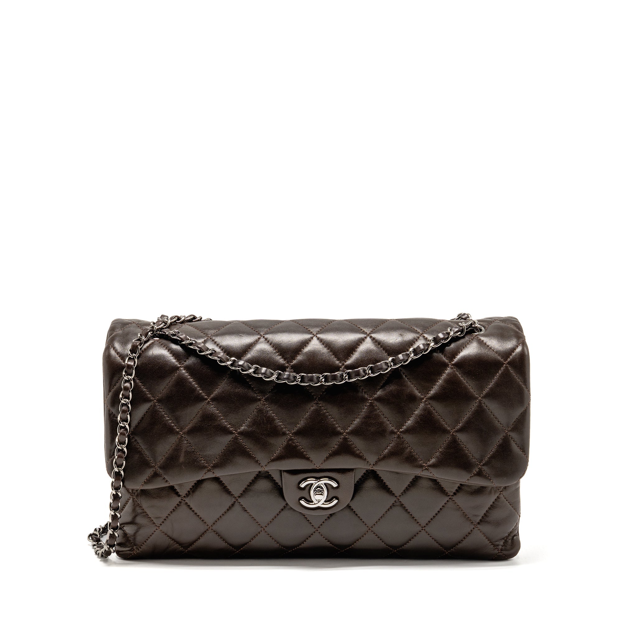 CHANEL LARGE QUILTED FLAP BAG WITH CHAIN LAMBSKIN DARK BROWN SHW