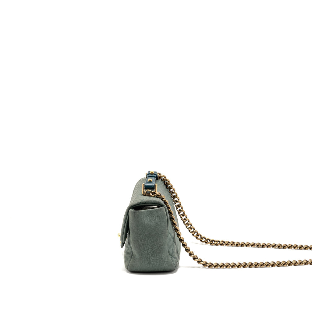 CHANEL TOP HANDLE FLAP SHOULDER BAG WITH CHAIN CAVIAR DARK GREEN GHW