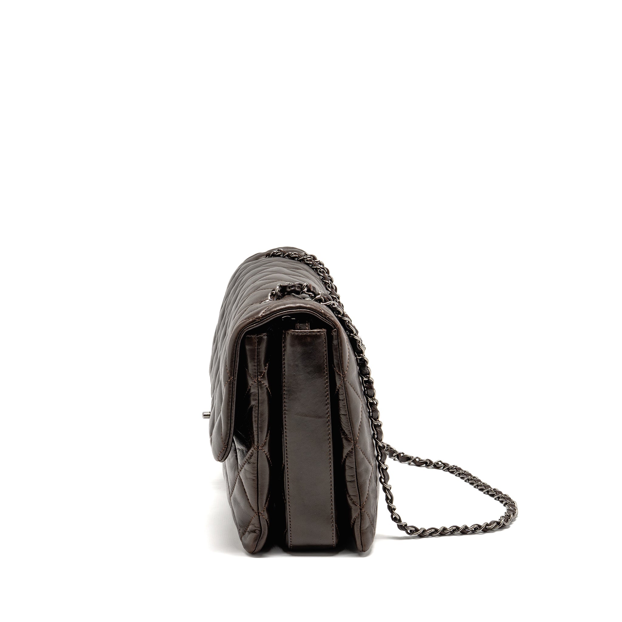CHANEL LARGE QUILTED FLAP BAG WITH CHAIN LAMBSKIN DARK BROWN SHW