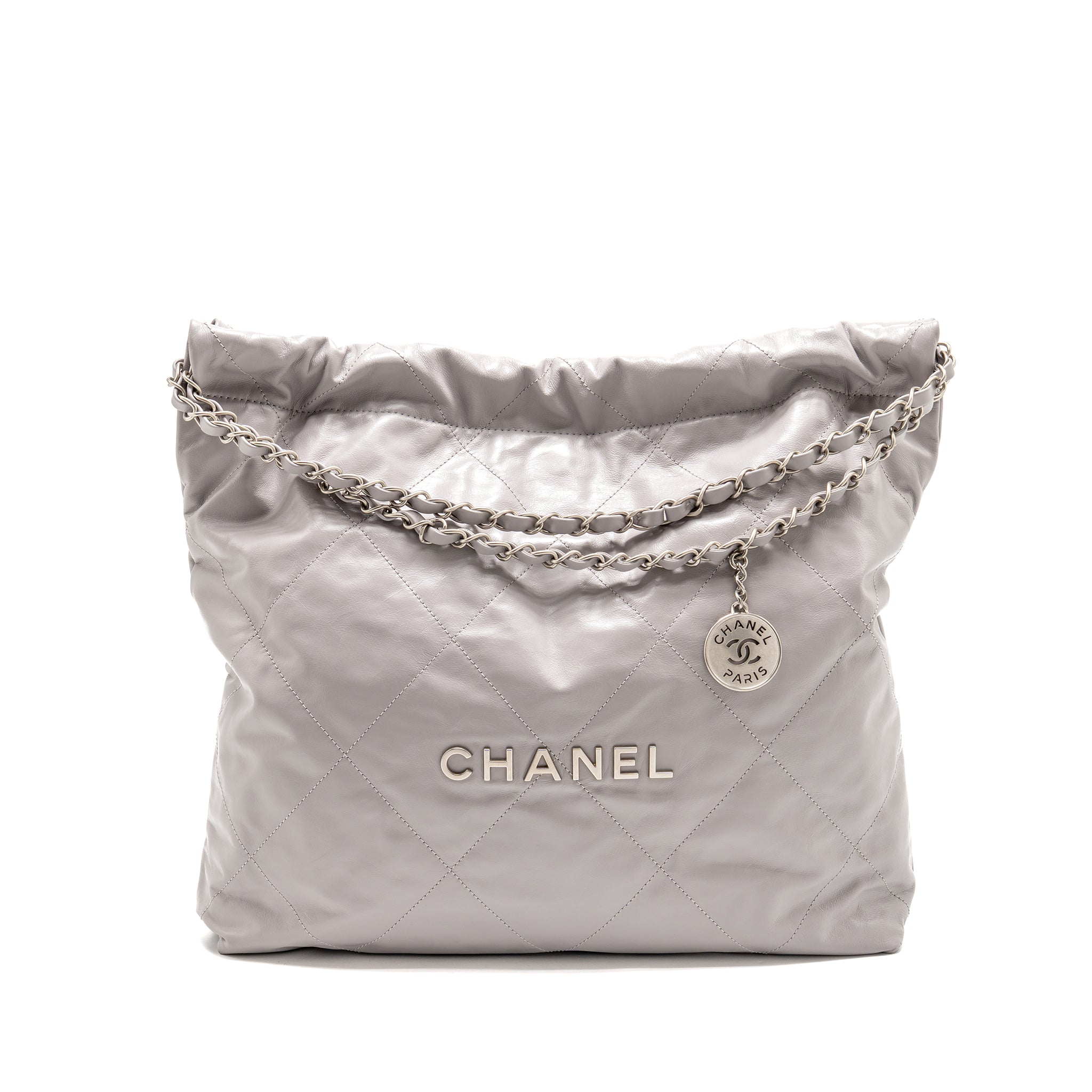 CHANEL MEDIUM 22 BAG SHINY CALFSKIN GREY SHW (MICROCHIP)