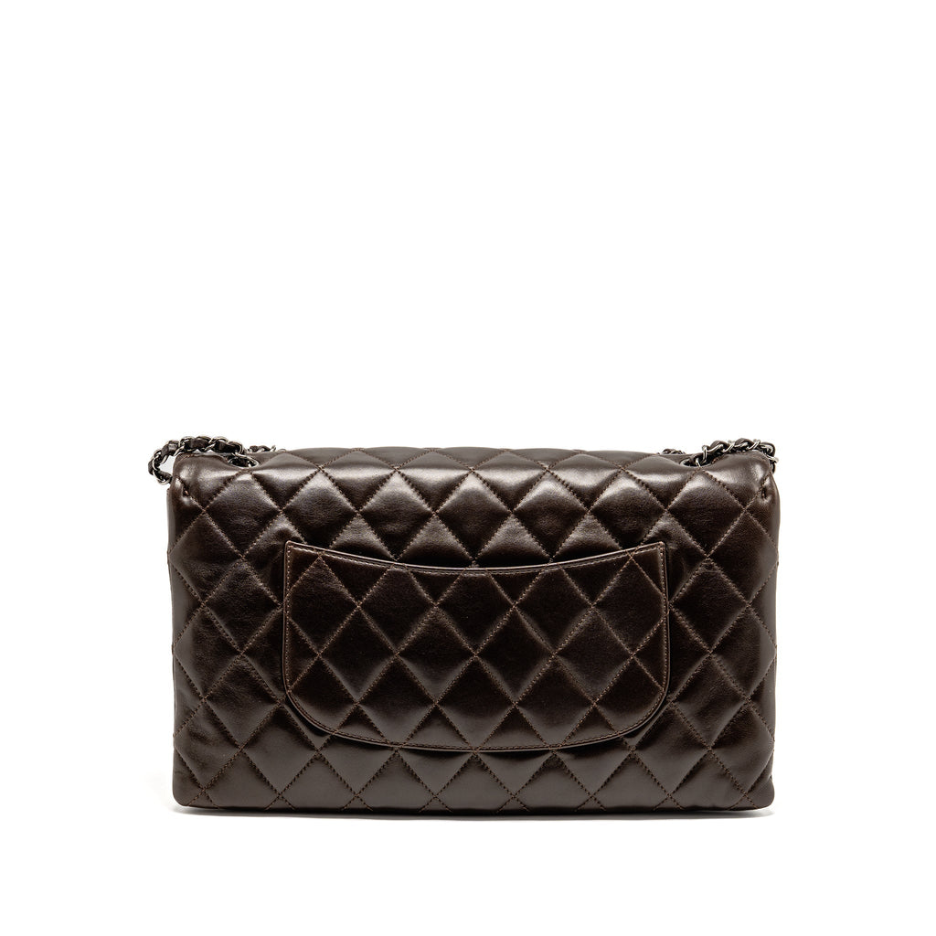 CHANEL LARGE QUILTED FLAP BAG WITH CHAIN LAMBSKIN DARK BROWN SHW