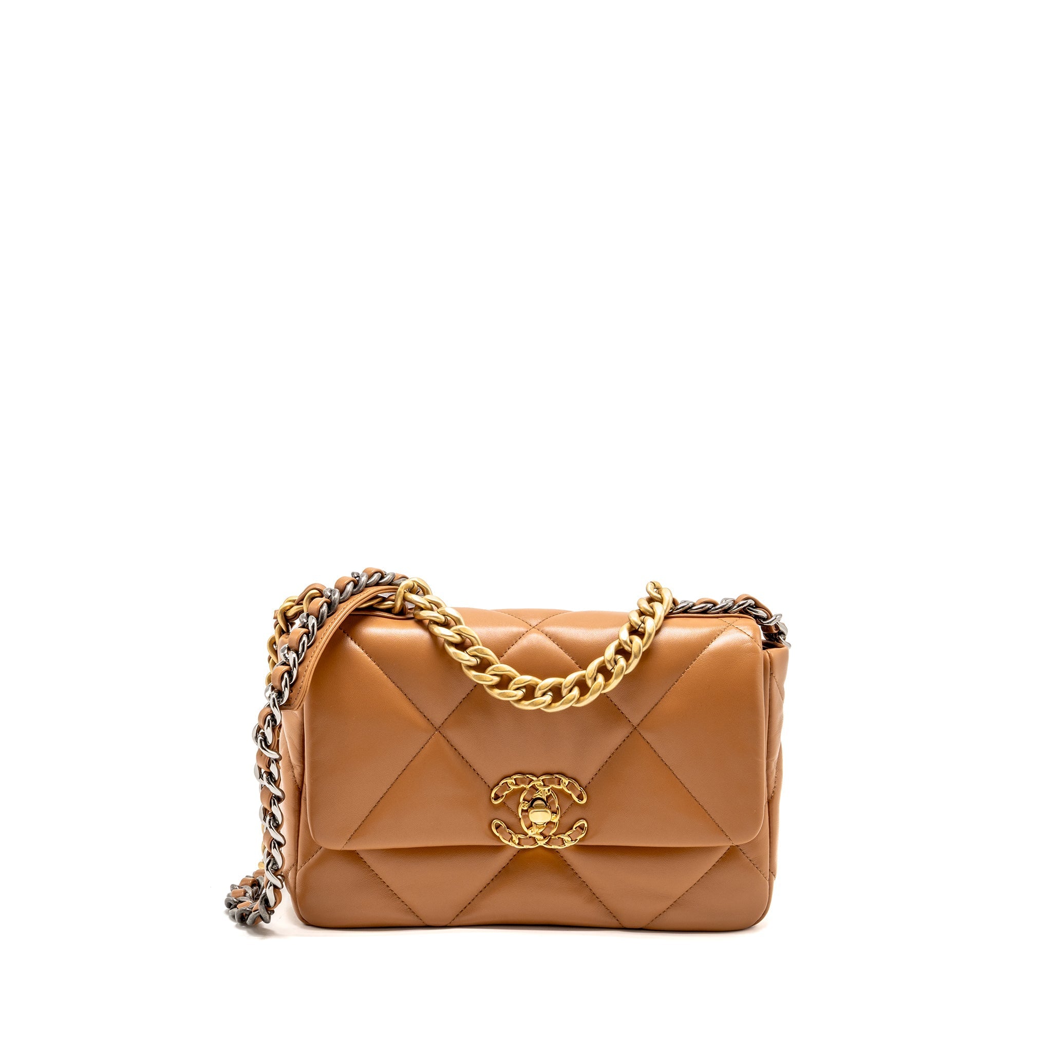 CHANEL SMALL 19 BAG LAMBSKIN CARAMEL MULTICOLOURED HARDWARE (MICROCHIP)