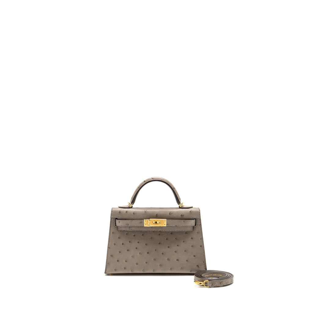 HERMES MINI KELLY II OSTRICH GRIS TOURTERELLE GHW