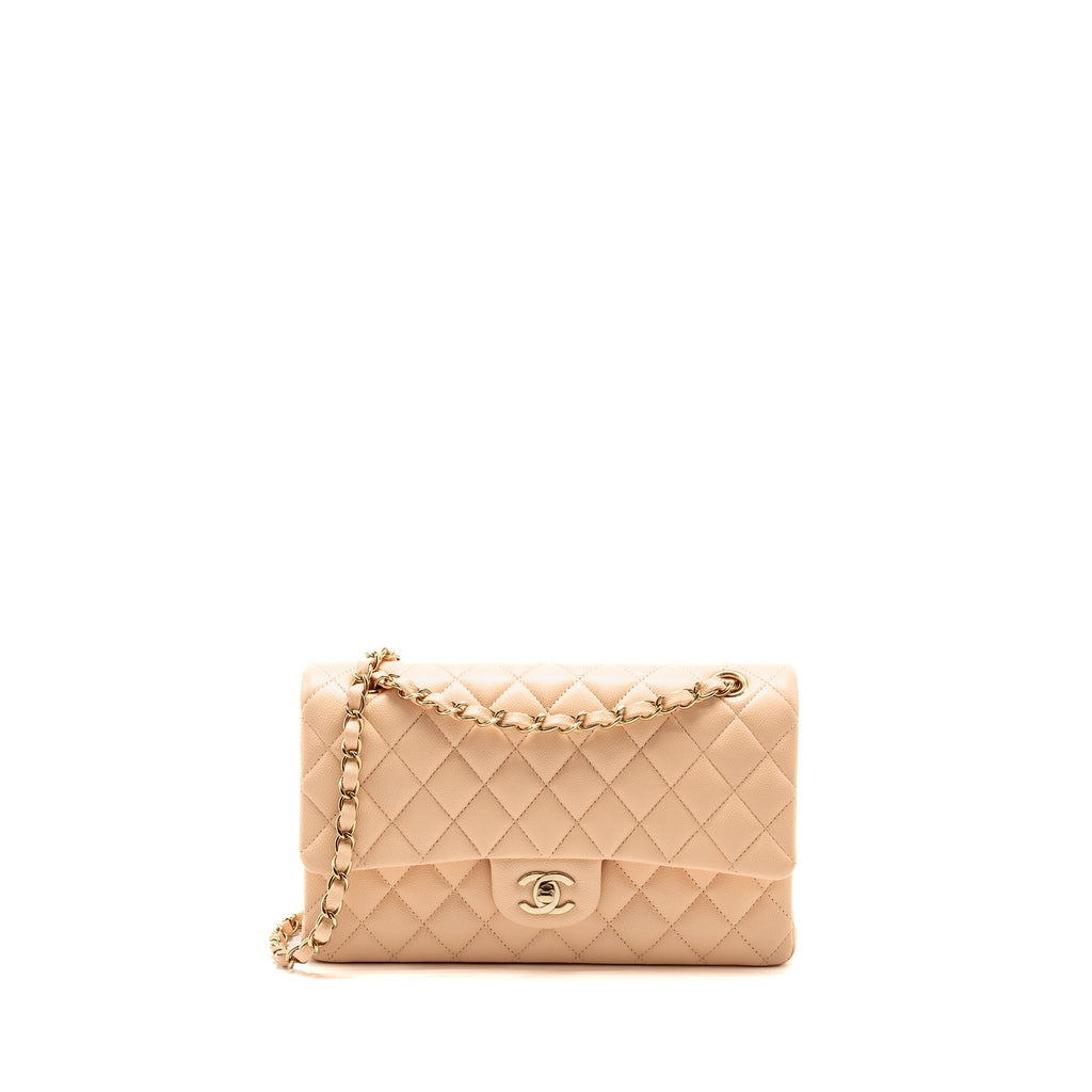 CHANEL MEDIUM CLASSIC DOUBLE FLAP BAG CAVIAR LIGHT BEIGE LGHW (MICROCHIP)