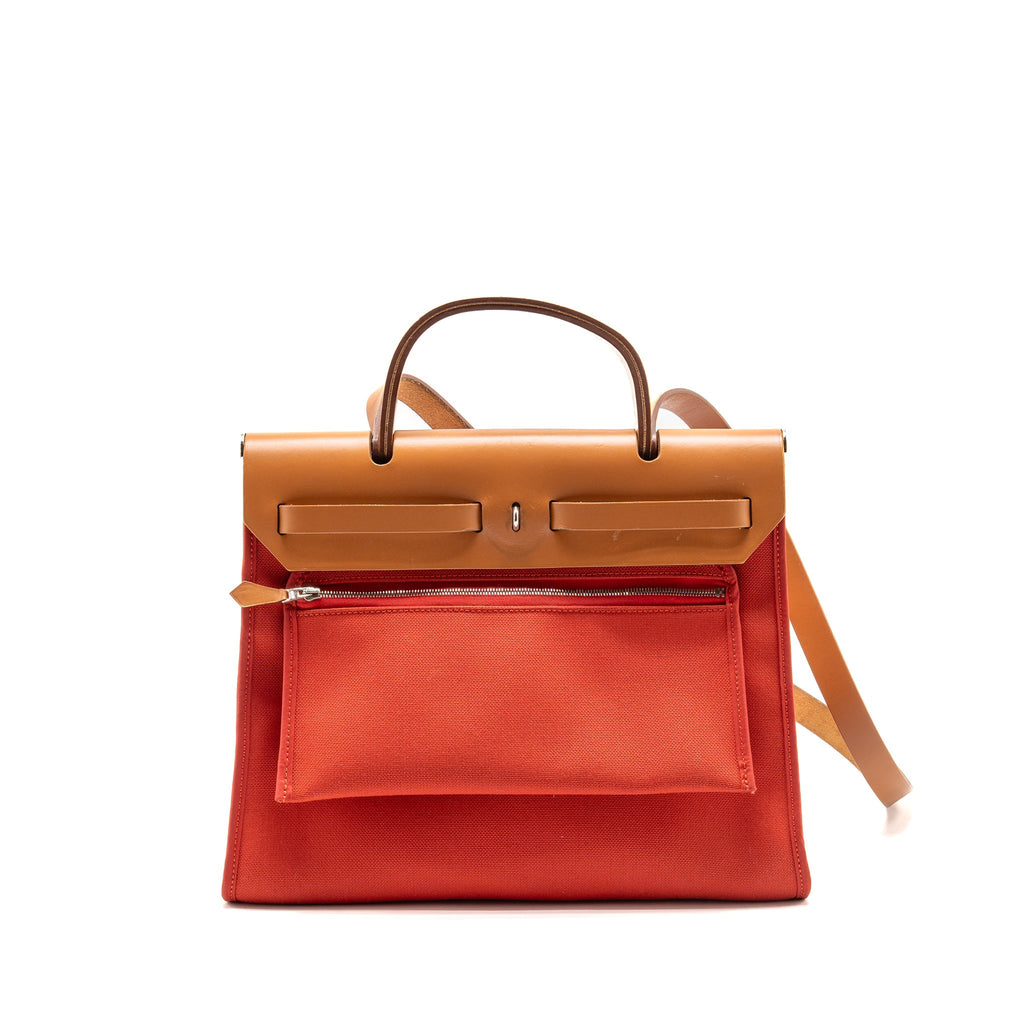 HERMES HERBAG 31 ZIP BAG CANVAS/ HUNTER LEATHER ROUGH TOMATE SHW