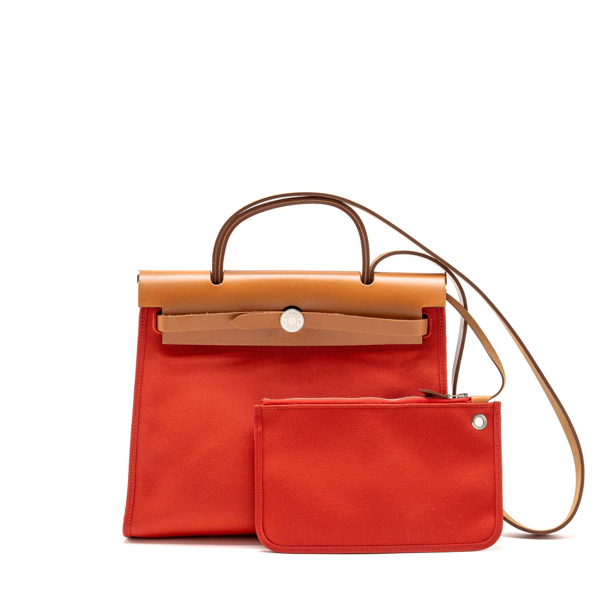 HERMES HERBAG 31 ZIP BAG CANVAS/ HUNTER LEATHER ROUGH TOMATE SHW