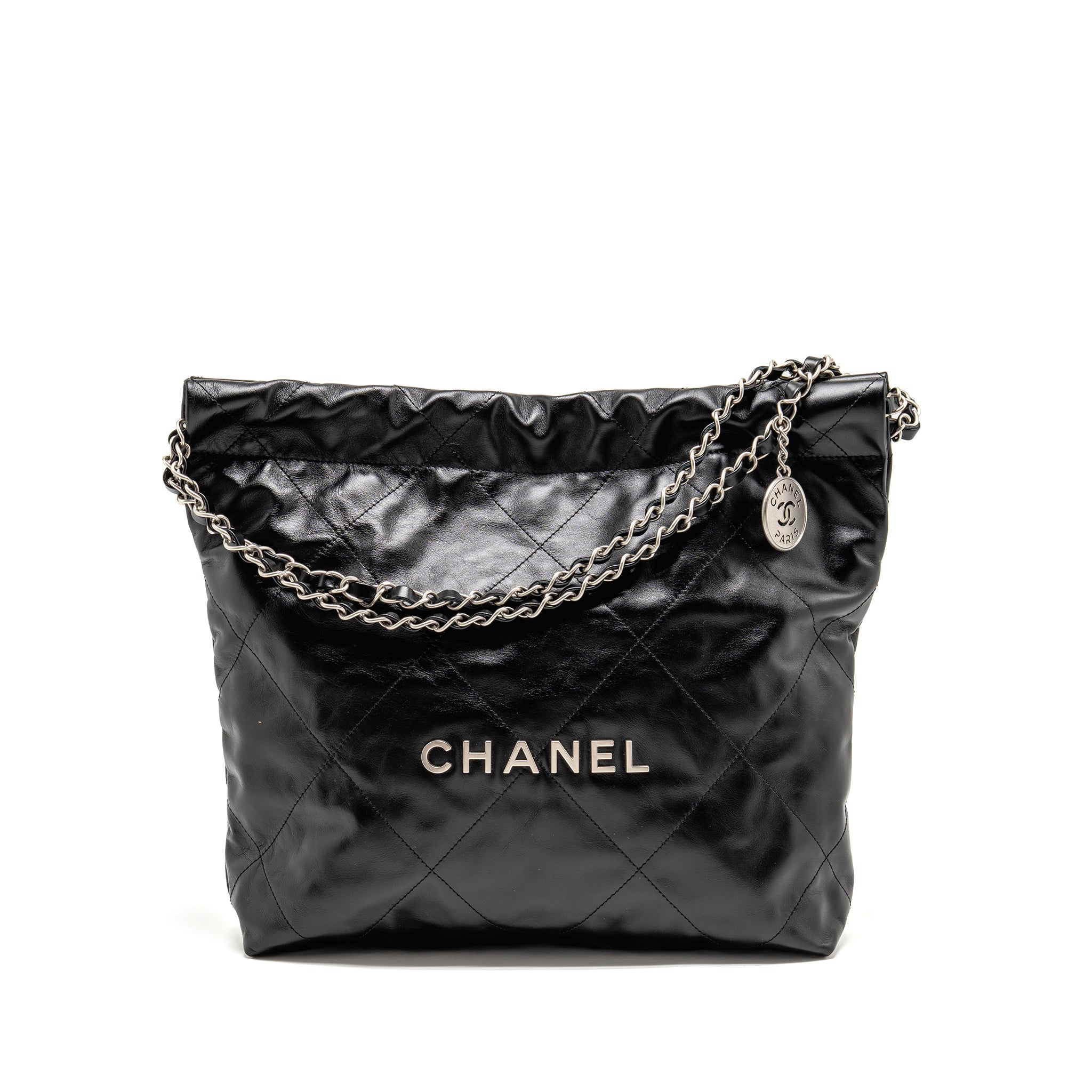 CHANEL SMALL 22 BAG SHINY CALFSKIN BLACK SHW (MICROCHIP)
