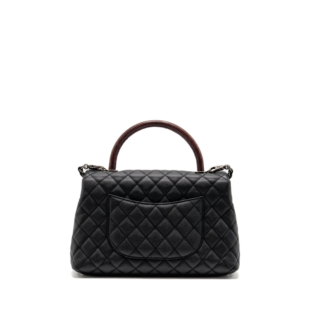 CHANEL MEDIUM COCO HANDLE CAVIAR/LIZARD HANDLE BLACK/BURGUNDY RUTHENIUM HARDWARE