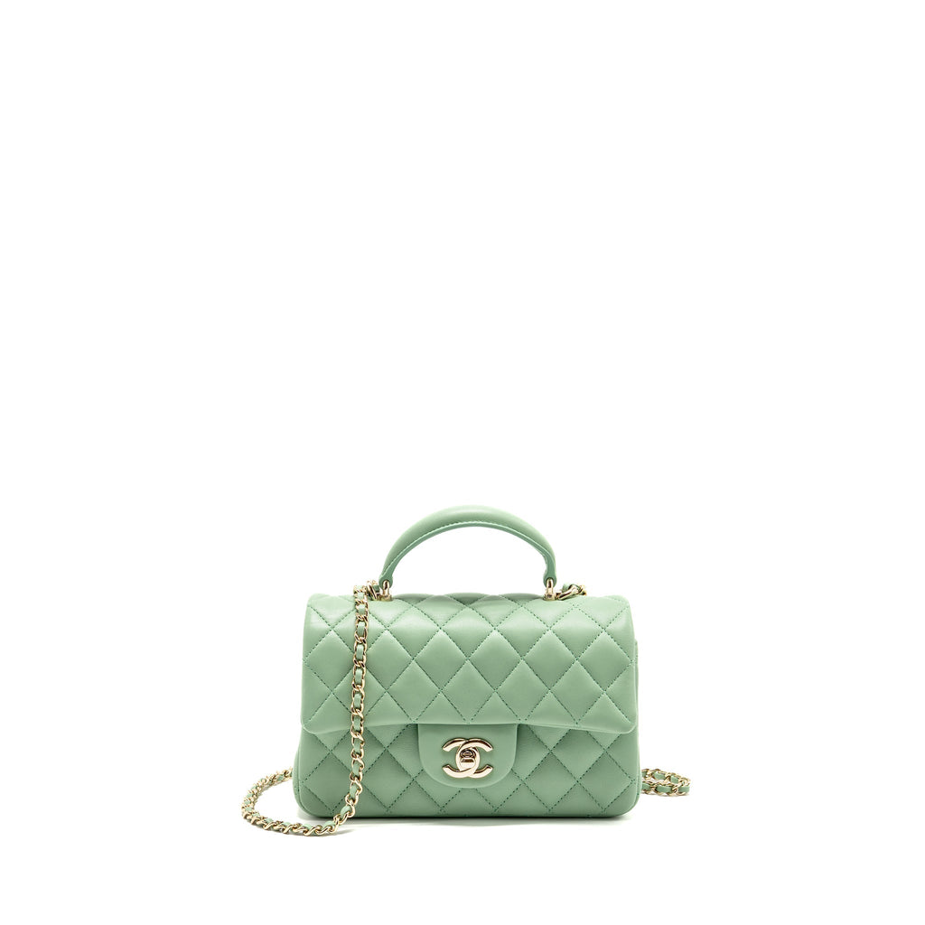 CHANEL 23P TOP HANDLE MINI RECTANGULAR LAMBSKIN LIGHT GREEN LGHW (MICROCHIP)