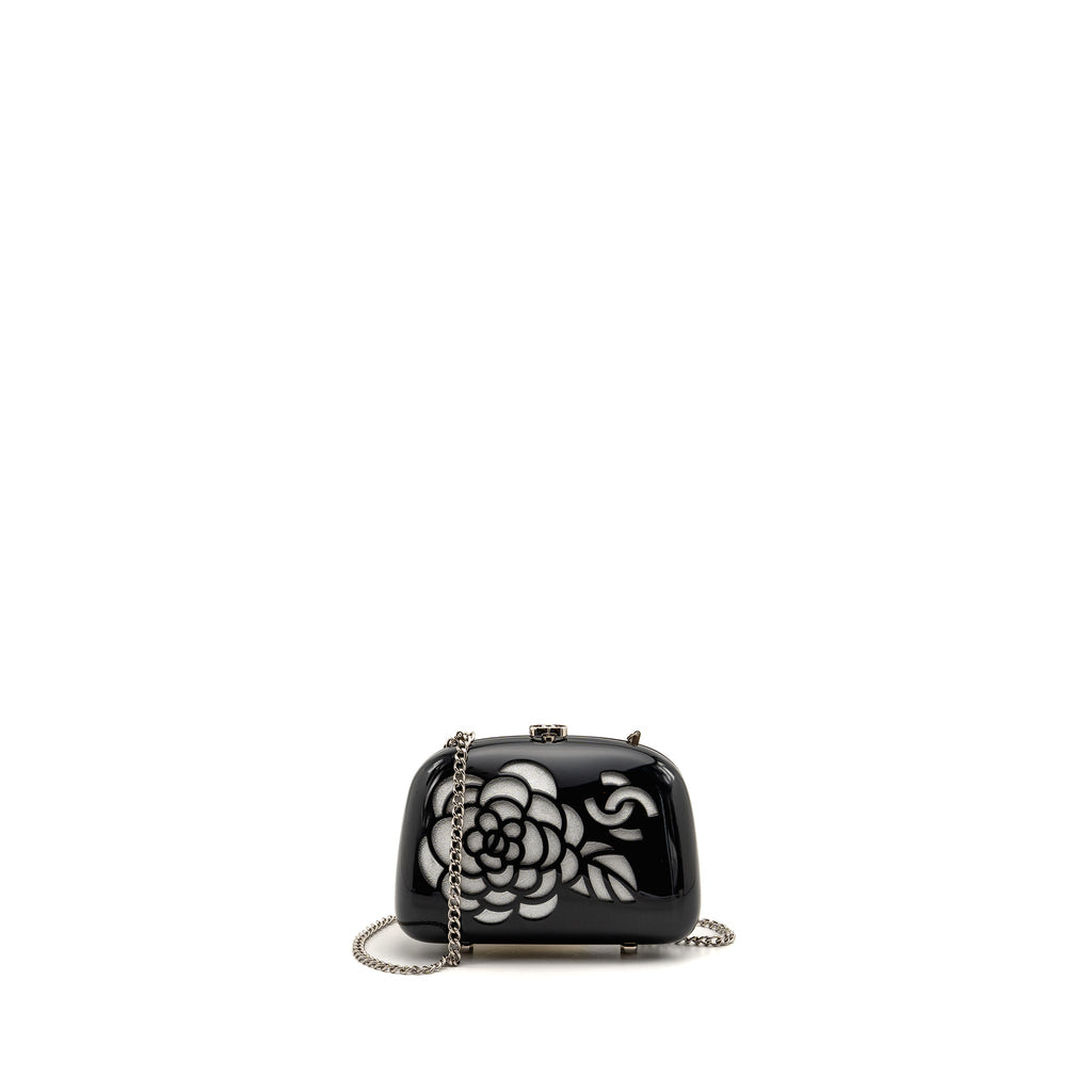 CHANEL CAMELLIA MINAUDIERE CHAIN EVENING CLUTCH ACRYLIC PLASTIC BLACK / SILVER SHW