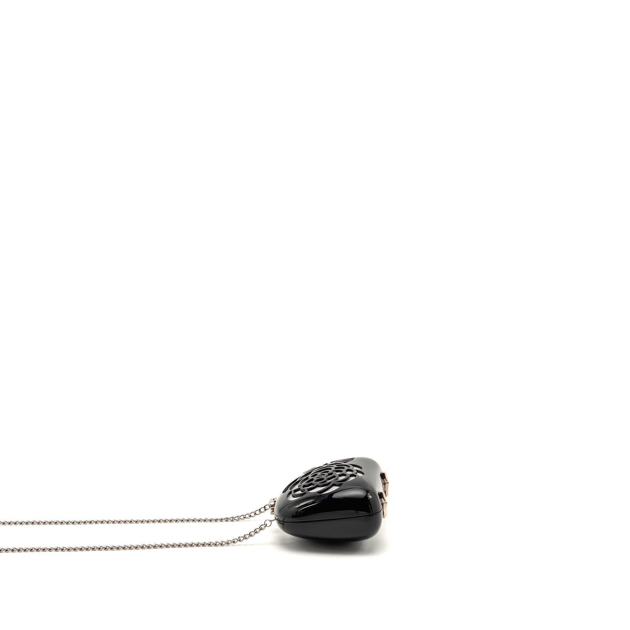 CHANEL CAMELLIA MINAUDIERE CHAIN EVENING CLUTCH ACRYLIC PLASTIC BLACK / SILVER SHW