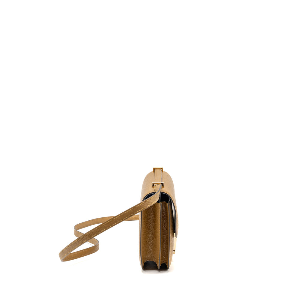 HERMES MINI CONSTANCE CHEVRE MYSORE KRAFT/BLEU BRUME GHW