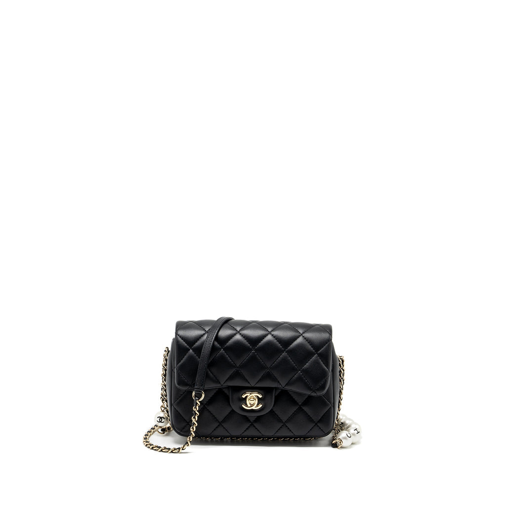CHANEL QUILTED FLAP BAG WITH PEARL CHAIN LAMBSKIN BLACK LGHW