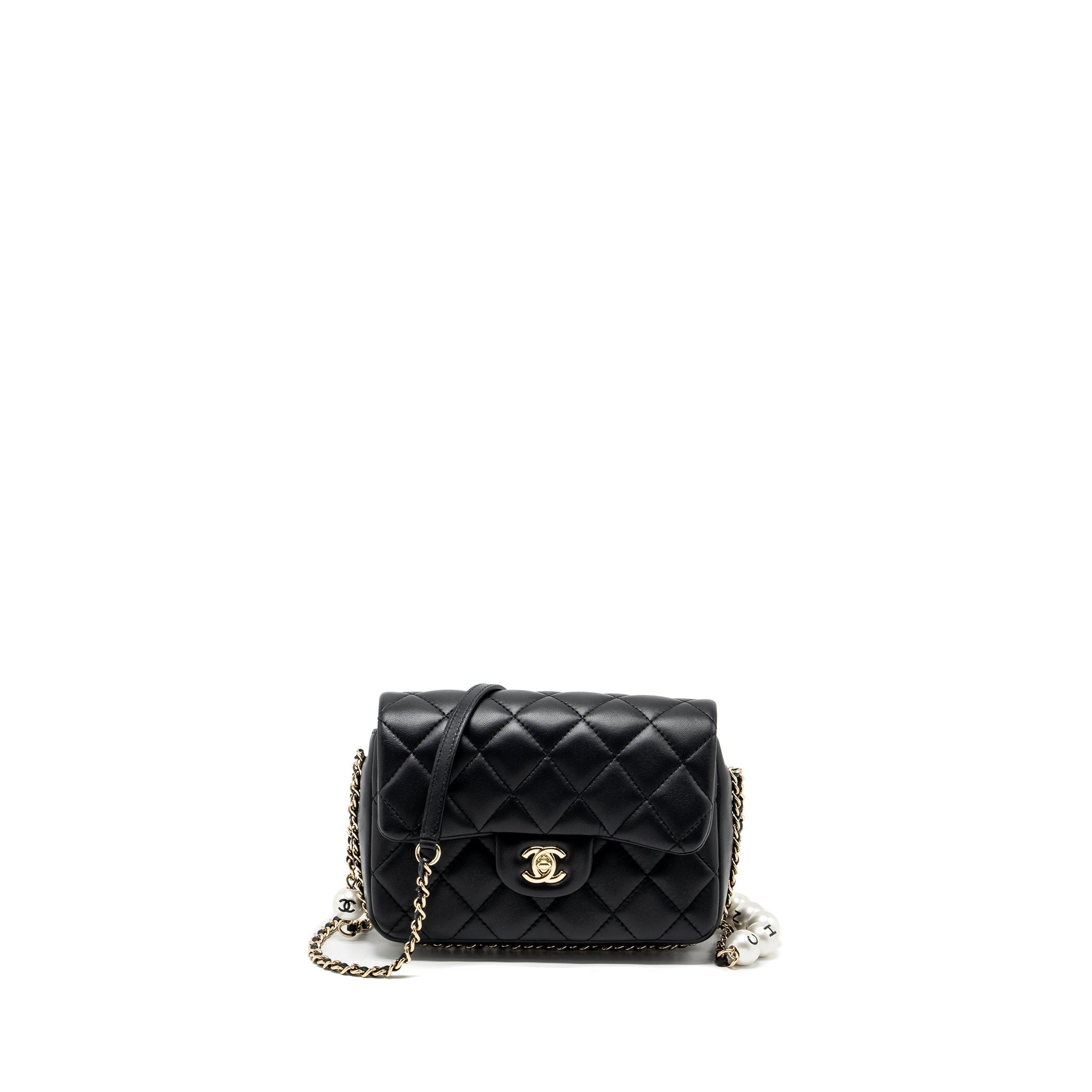 CHANEL QUILTED FLAP BAG WITH PEARL CHAIN LAMBSKIN BLACK LGHW