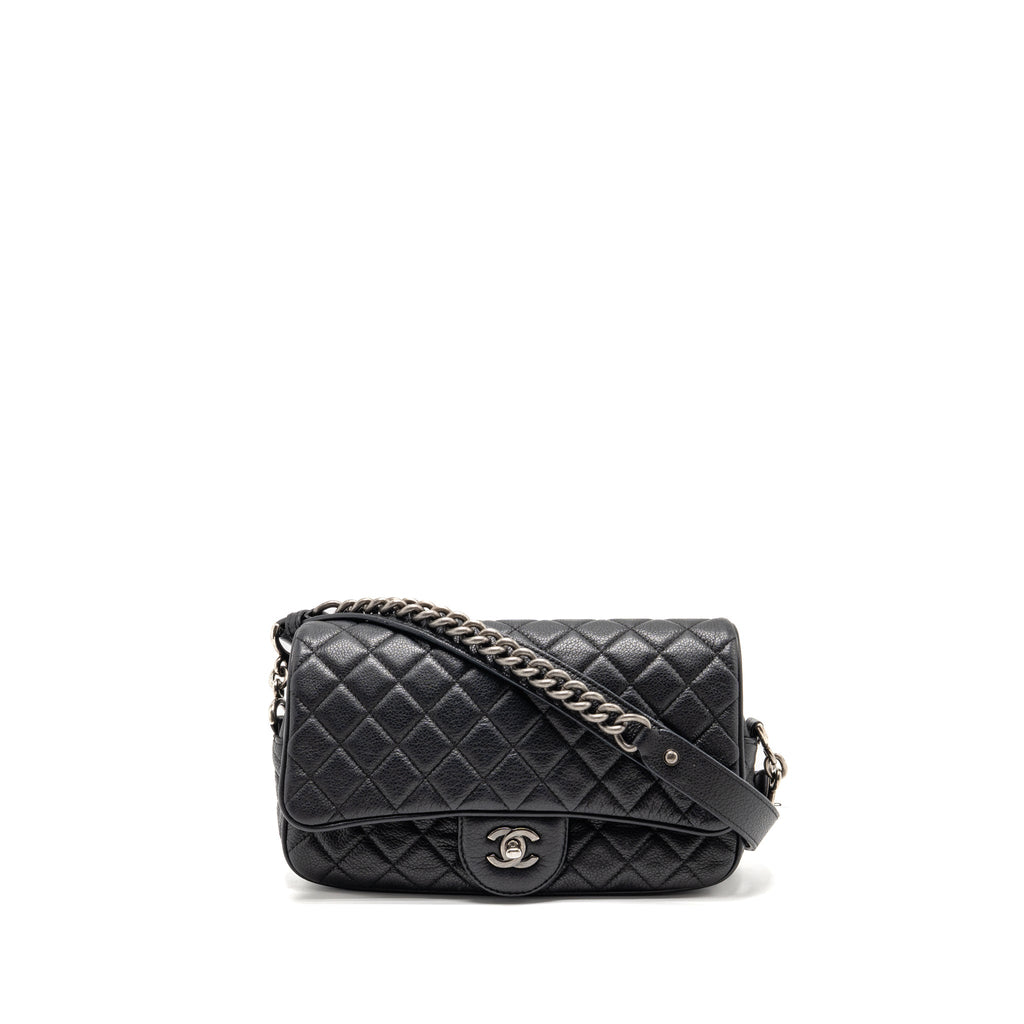 CHANEL MEDIUM CASUAL ROCK FLAP BAG GRAINED CALFSKIN BLACK RUTHENIUM HARDWARE