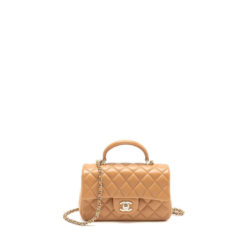 CHANEL TOP HANDLE MINI RECTANGULAR FLAP BAG LAMBSKIN CARAMEL LGHW(MICROCHIP)