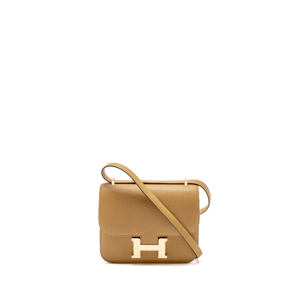 HERMES MINI CONSTANCE CHEVRE MYSORE KRAFT/BLEU BRUME GHW