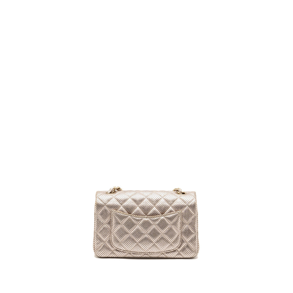 CHANEL MINI RECTANGULAR FLAP BAG PERFORATED METALLIC LAMBSKIN LIGHT GOLD LGHW