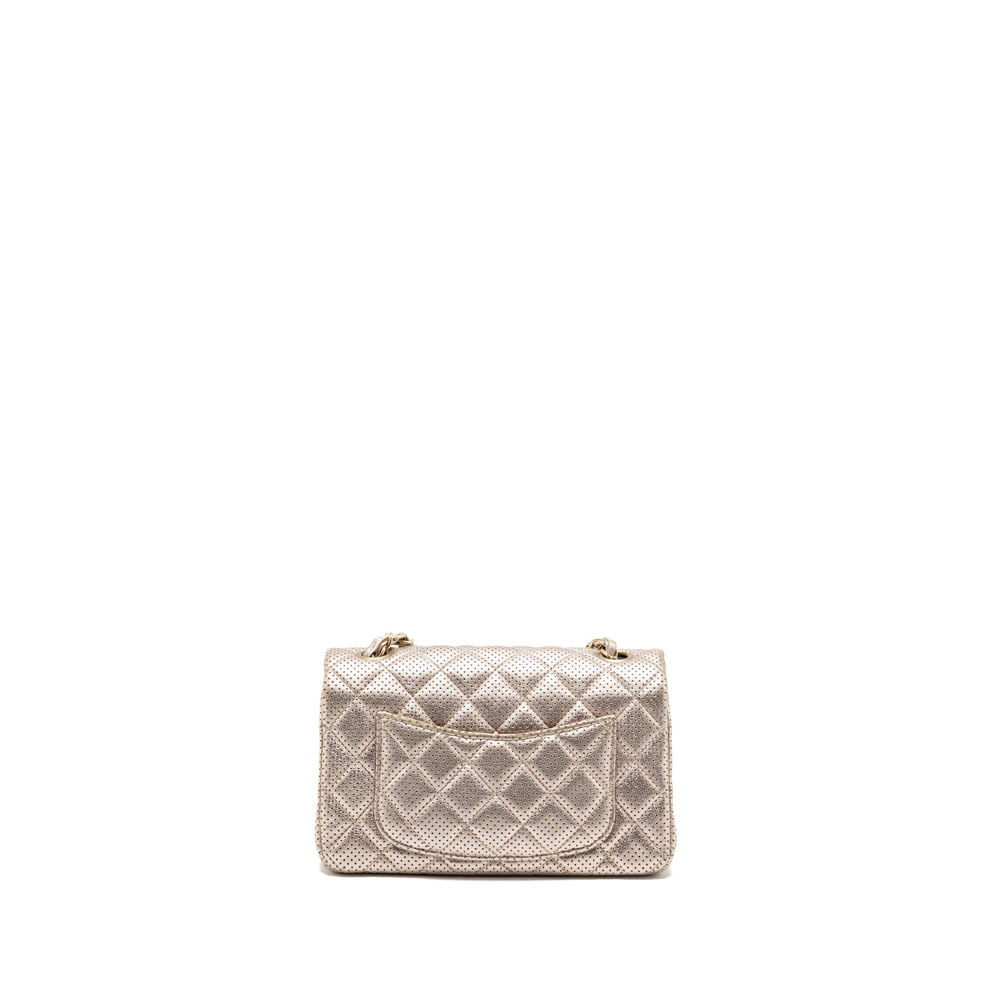 CHANEL MINI RECTANGULAR FLAP BAG PERFORATED METALLIC LAMBSKIN LIGHT GOLD LGHW