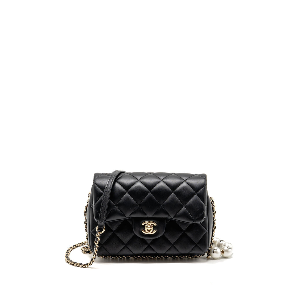 CHANEL QUILTED FLAP BAG WITH PEARL DETAILED CHAIN LAMBSKIN BLACK LGHW