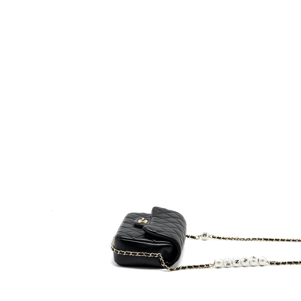 CHANEL QUILTED FLAP BAG WITH PEARL CHAIN LAMBSKIN BLACK LGHW