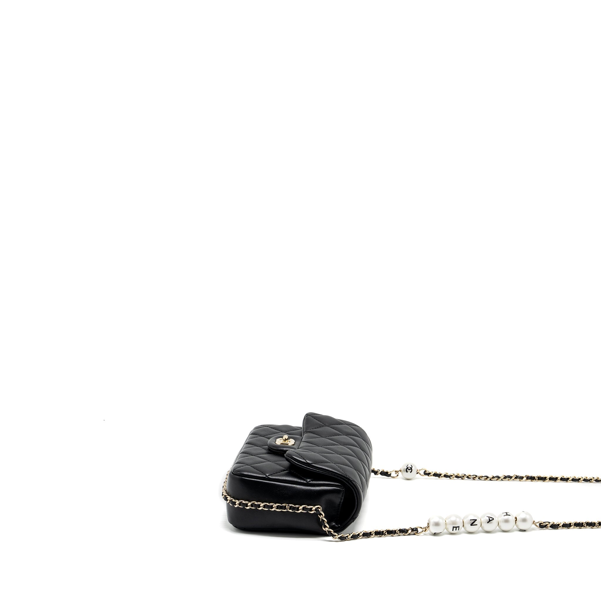 CHANEL QUILTED FLAP BAG WITH PEARL CHAIN LAMBSKIN BLACK LGHW