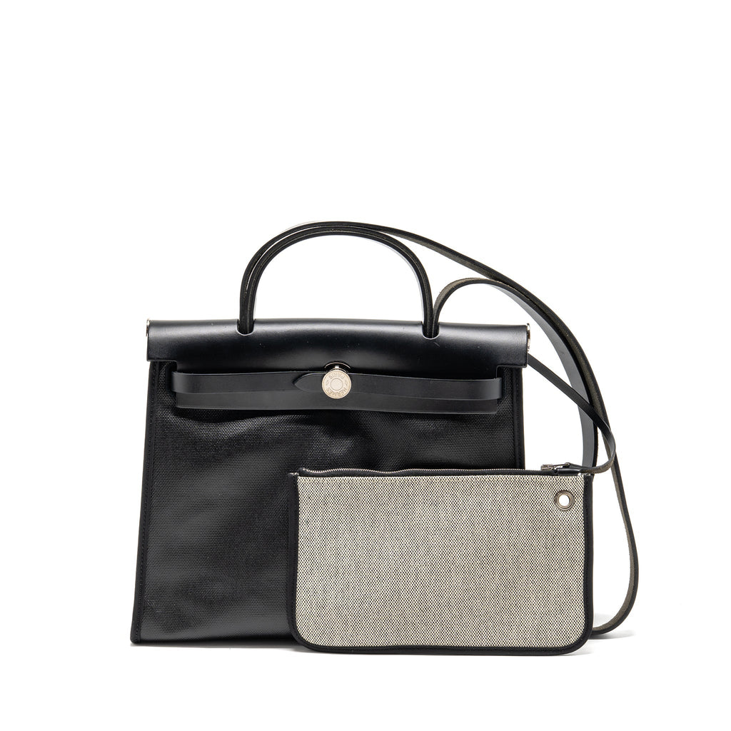 HERMES HERBAG 31 ZIP BAG BERLINE CANVAS/HUNTER LEATHER BLACK/ECRU-BLACK SHW