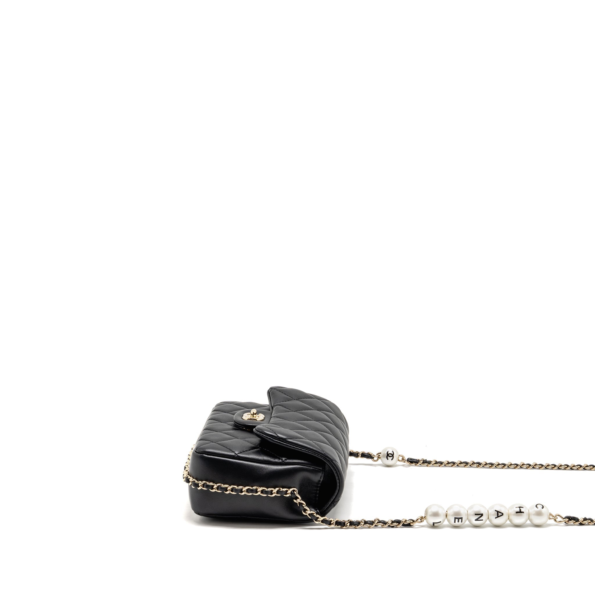 CHANEL QUILTED FLAP BAG WITH PEARL DETAILED CHAIN LAMBSKIN BLACK LGHW