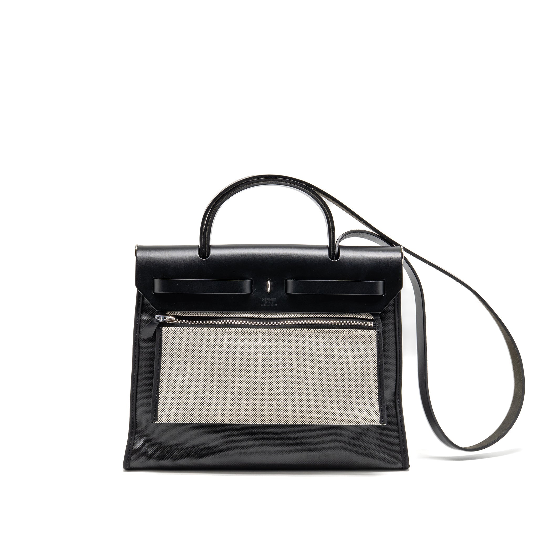 HERMES HERBAG 31 ZIP BAG BERLINE CANVAS/HUNTER LEATHER BLACK/ECRU-BLACK SHW