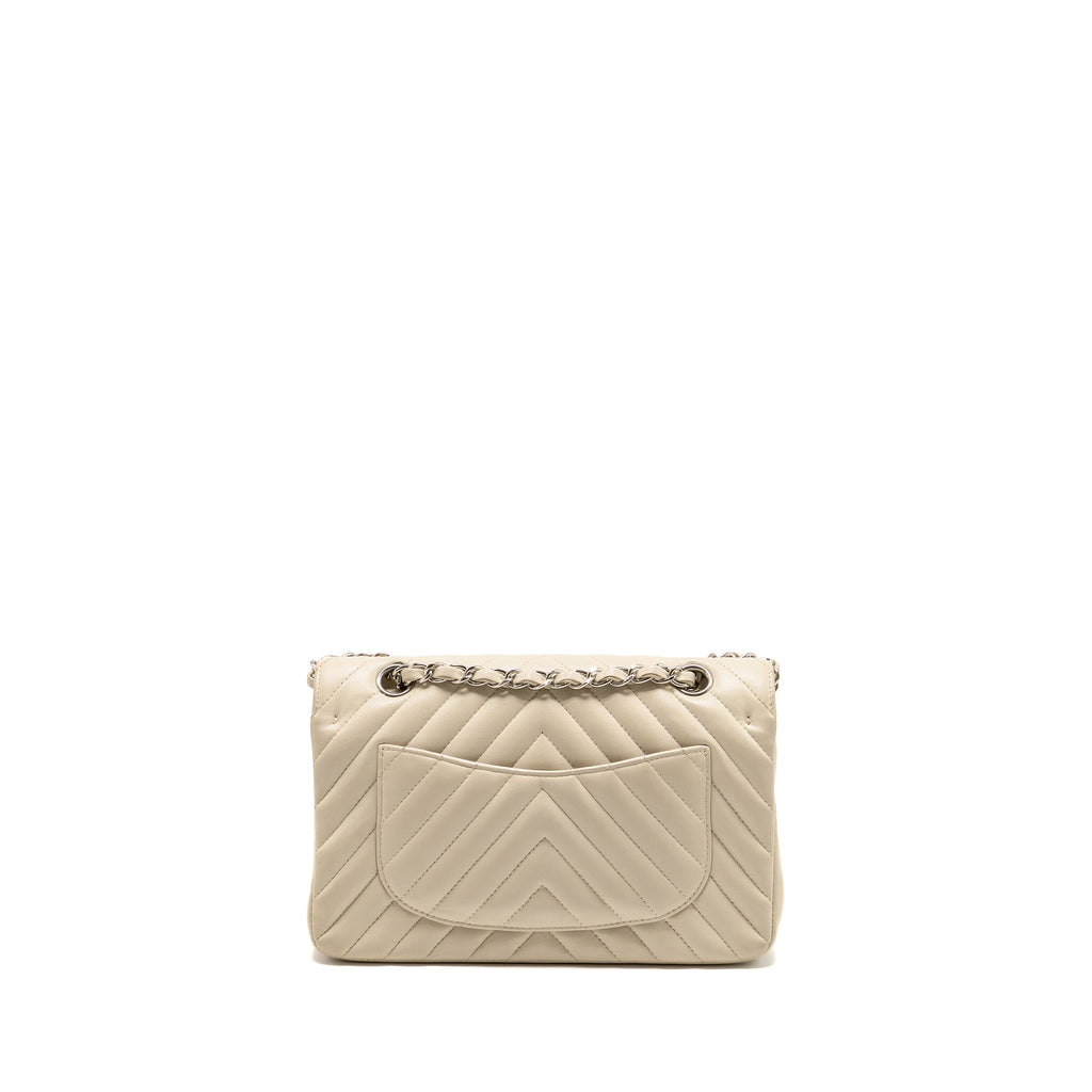 CHANEL SMALL CLASSIC DOUBLE FLAP BAG CHEVRON LAMBSKIN CREAM SHW