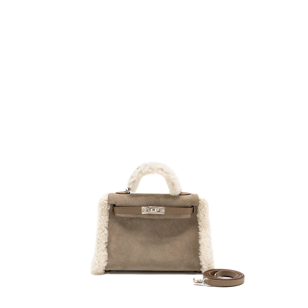 HERMES MINI KELLY PLUCH GRIZZLY/SWIFT/MOUTON MERINOS GRIS CAILLOU/ECRU/ETOUPE SHW