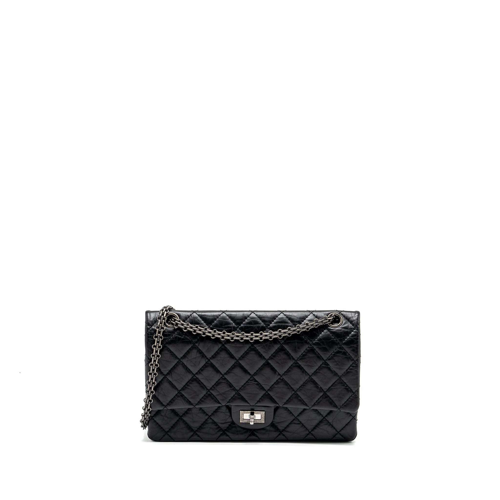 CHANEL LARGE 2.55 226 REISSUE DOUBLE FLAP BAG AGED CALFSKIN BLACK RUTHENIUM HARDWARE