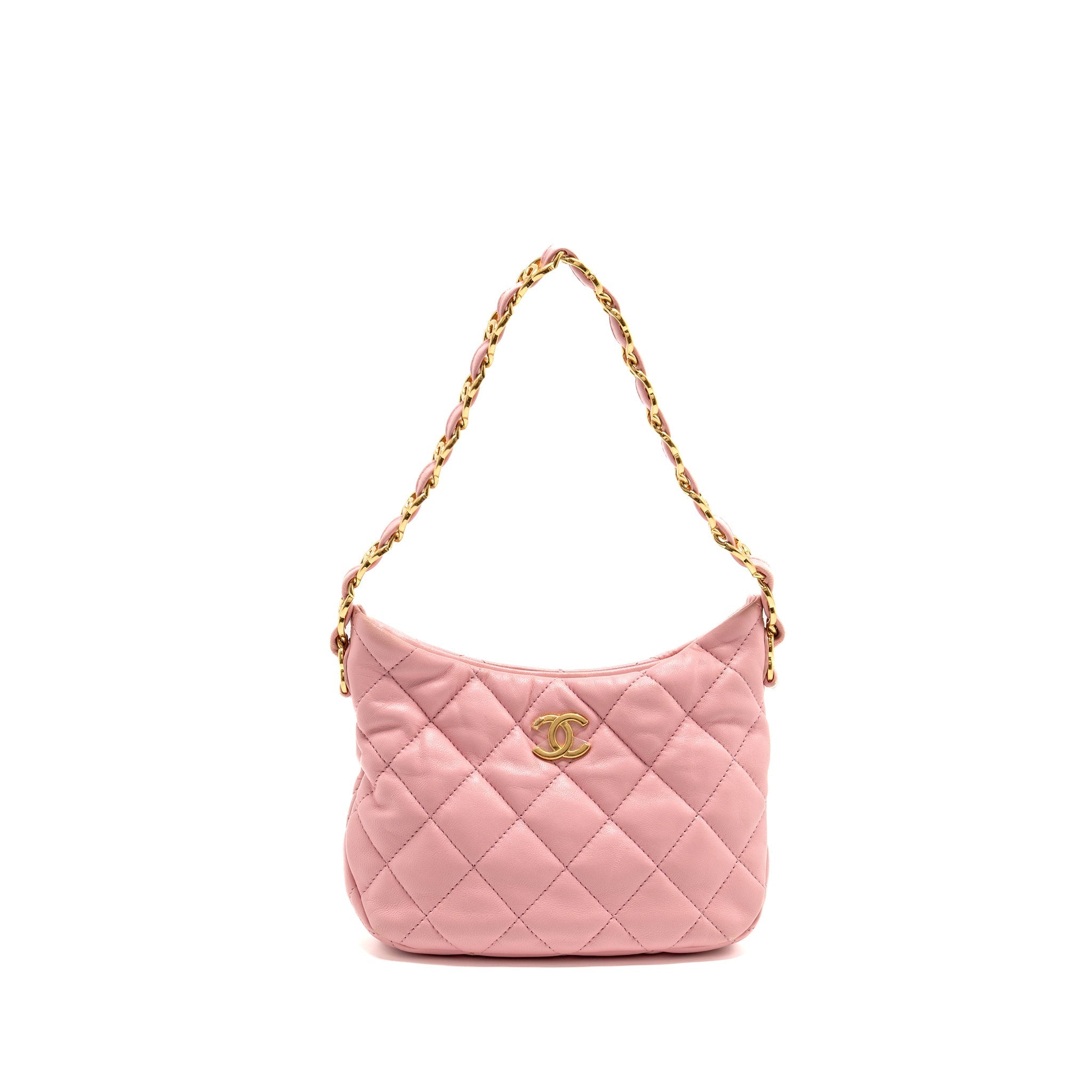 CHANEL 22K HOBO BAG WITH LOGO CHAIN LAMBSKIN PINK GHW (MICROCHIP)