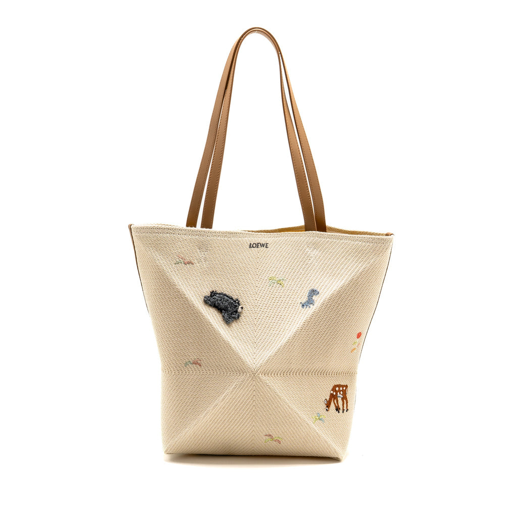 LOEWE SUNA FUJITA LIMITED EDITION MEDIUM PUZZLE FOLD TOTE BAG CANVAS/LEATHER BEIGE/MULTICOLOUR