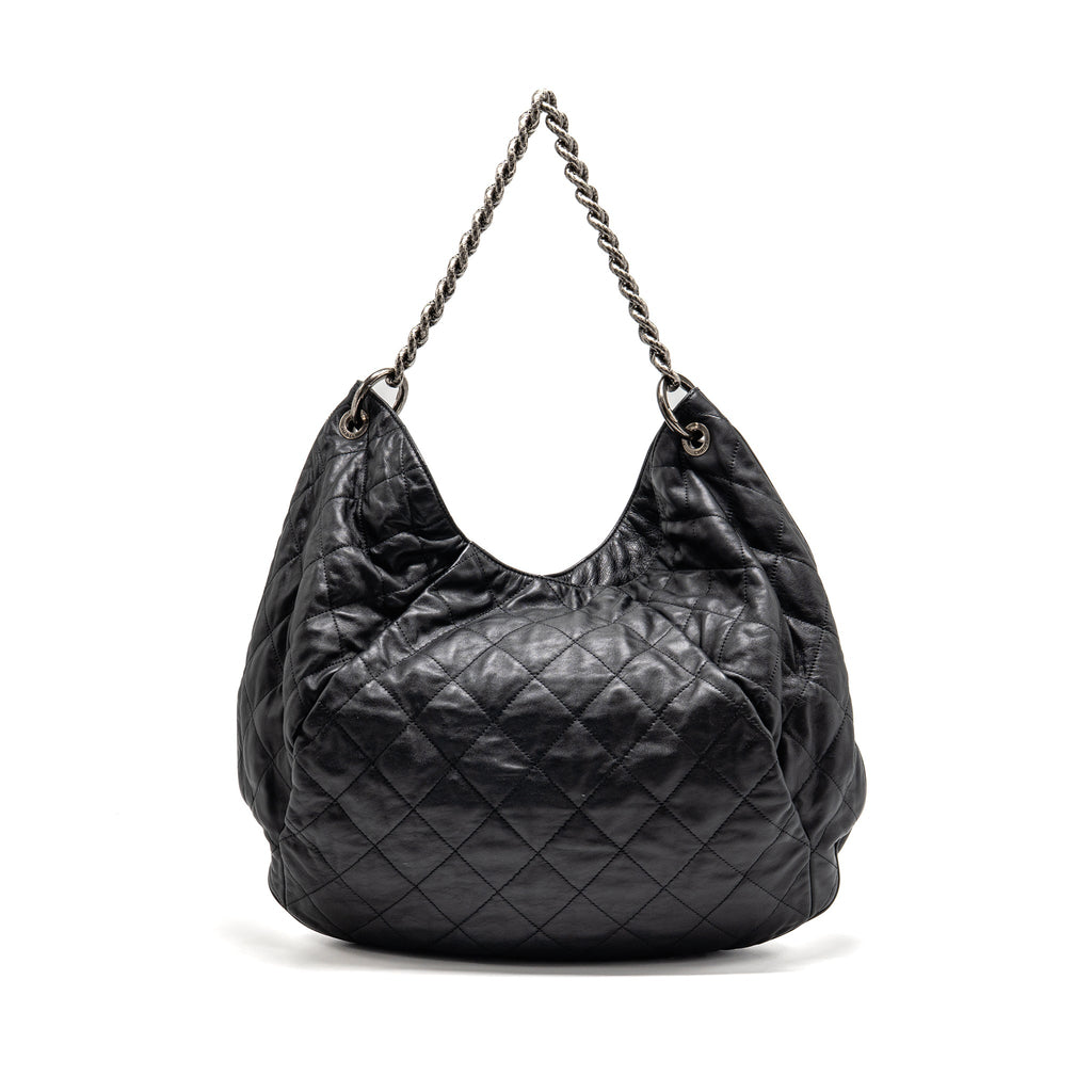 CHANEL COCO PLEATS HOBO BAG CALFSKIN BLACK RUTHENIUM HARDWARE