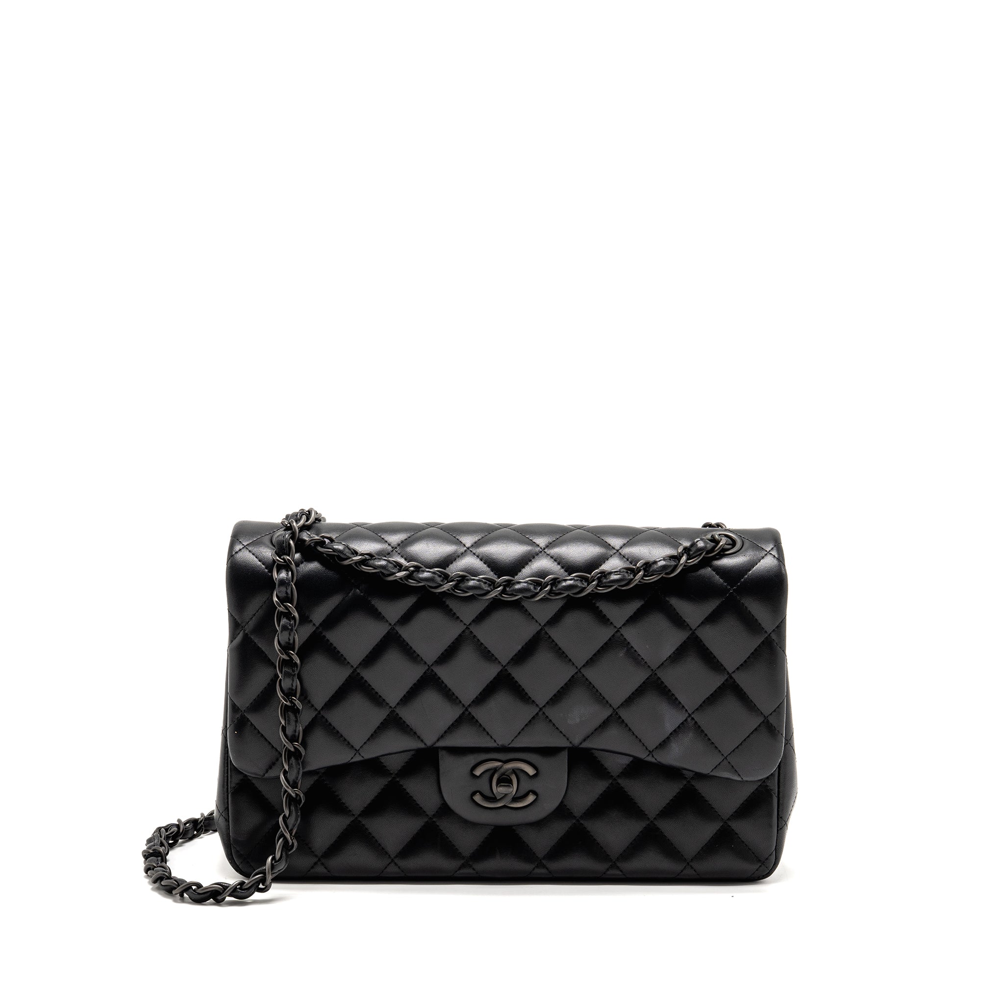 CHANEL JUMBO CLASSIC DOUBLE FLAP BAG LAMBSKIN SO BLACK