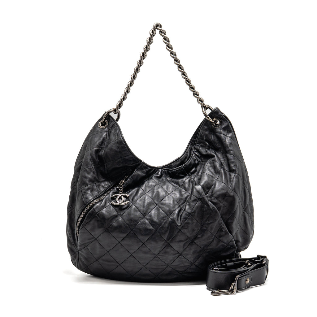 CHANEL COCO PLEATS HOBO BAG CALFSKIN BLACK RUTHENIUM HARDWARE