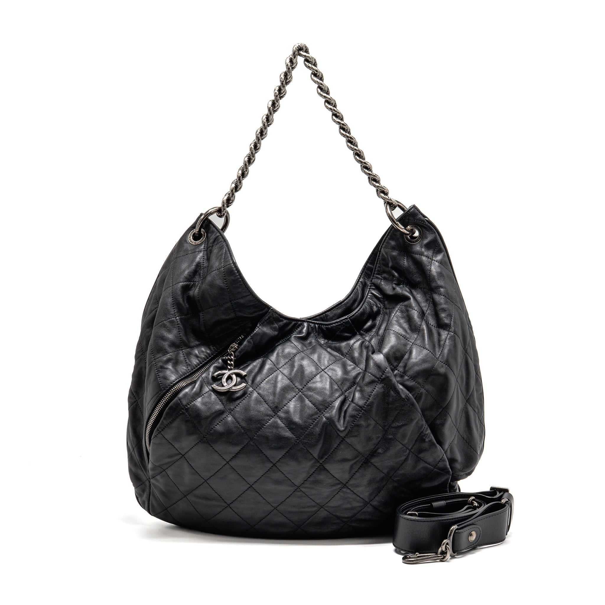CHANEL COCO PLEATS HOBO BAG CALFSKIN BLACK RUTHENIUM HARDWARE