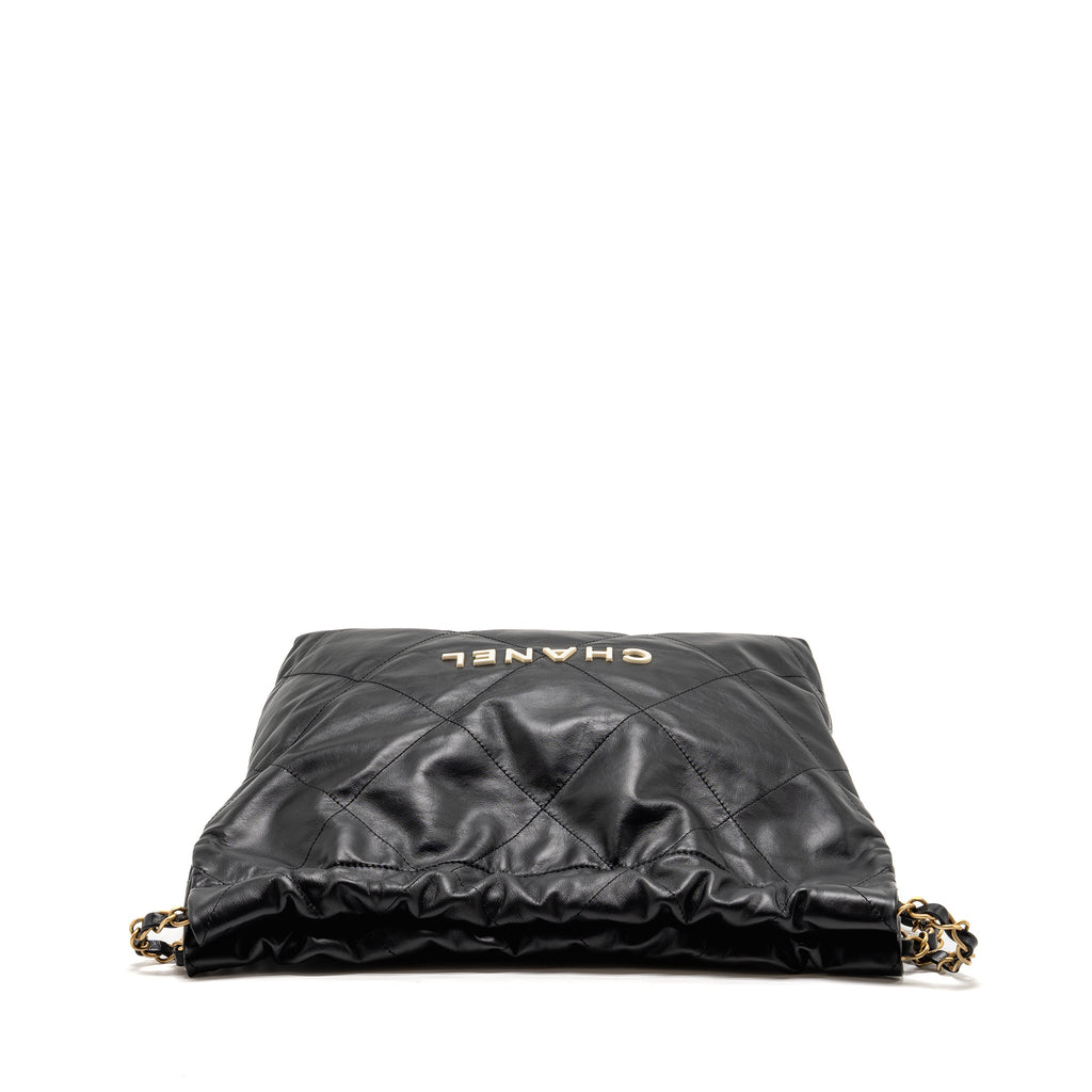 CHANEL SMALL 22 BAG WITH WHITE LETTER LOGO CALFSKIN BLACK GHW (MICROCHIP)