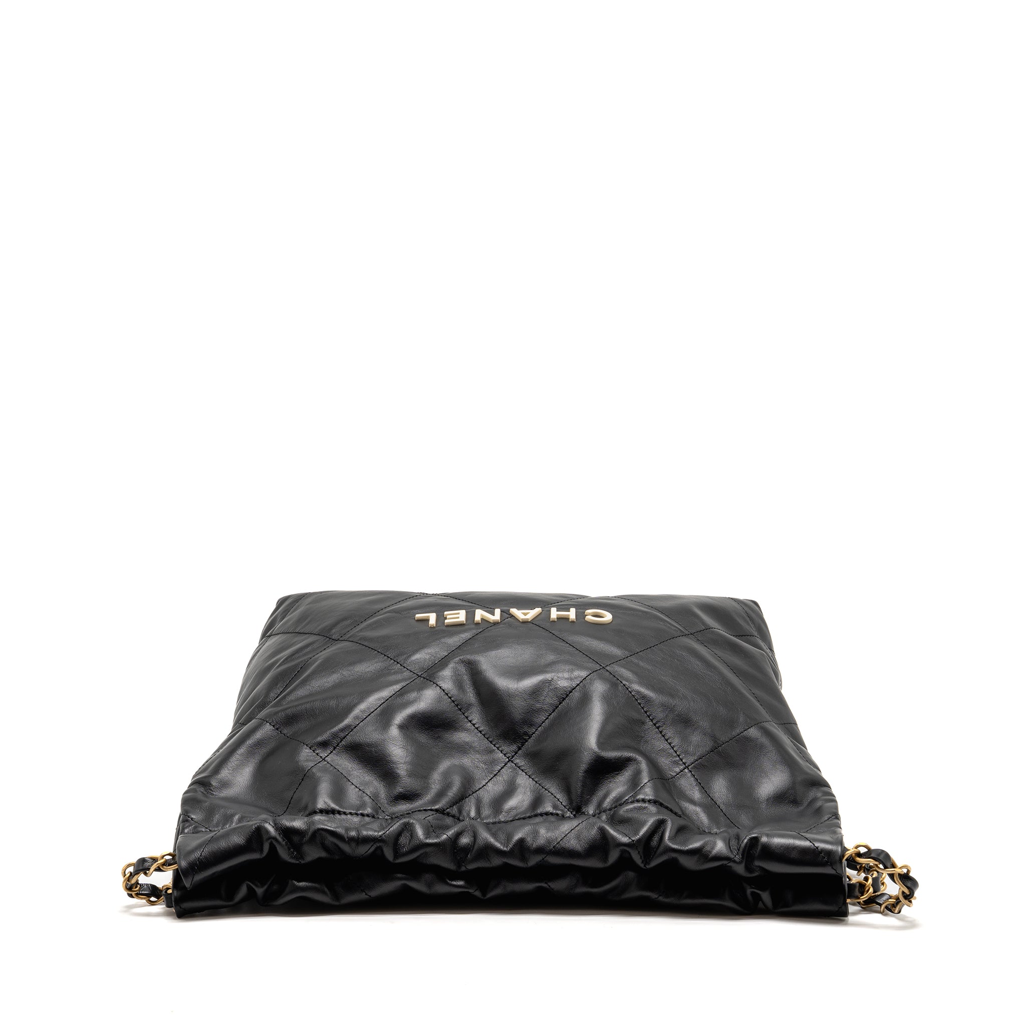 CHANEL SMALL 22 BAG WITH WHITE LETTER LOGO CALFSKIN BLACK GHW (MICROCHIP)