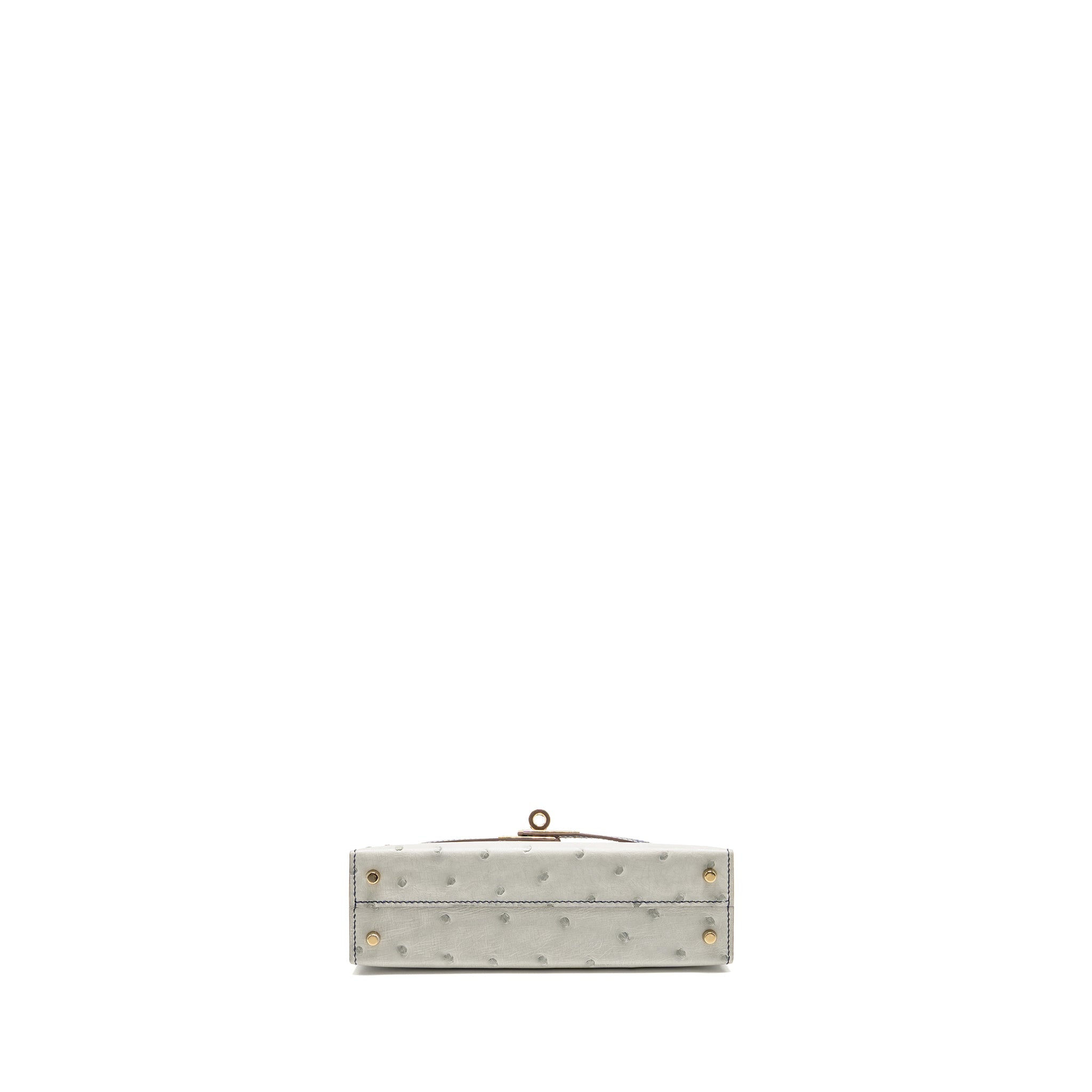 HERMES MINI KELLY SPECIAL ORDER OSTRICH GRIS PERLE/BLUE IRIS LGHW